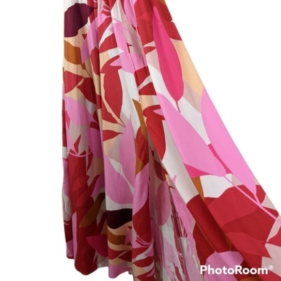 Abel the Label Red Pink Halter Open Back Tie Abstract Leaf Print Maxi Dress sz M - Picture 4 of 12